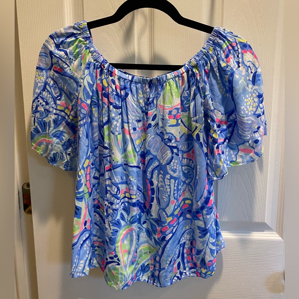 Lilly Pulitzer Blue Sain Off Shoulder Peri Pinch Short Sleeve Blouse